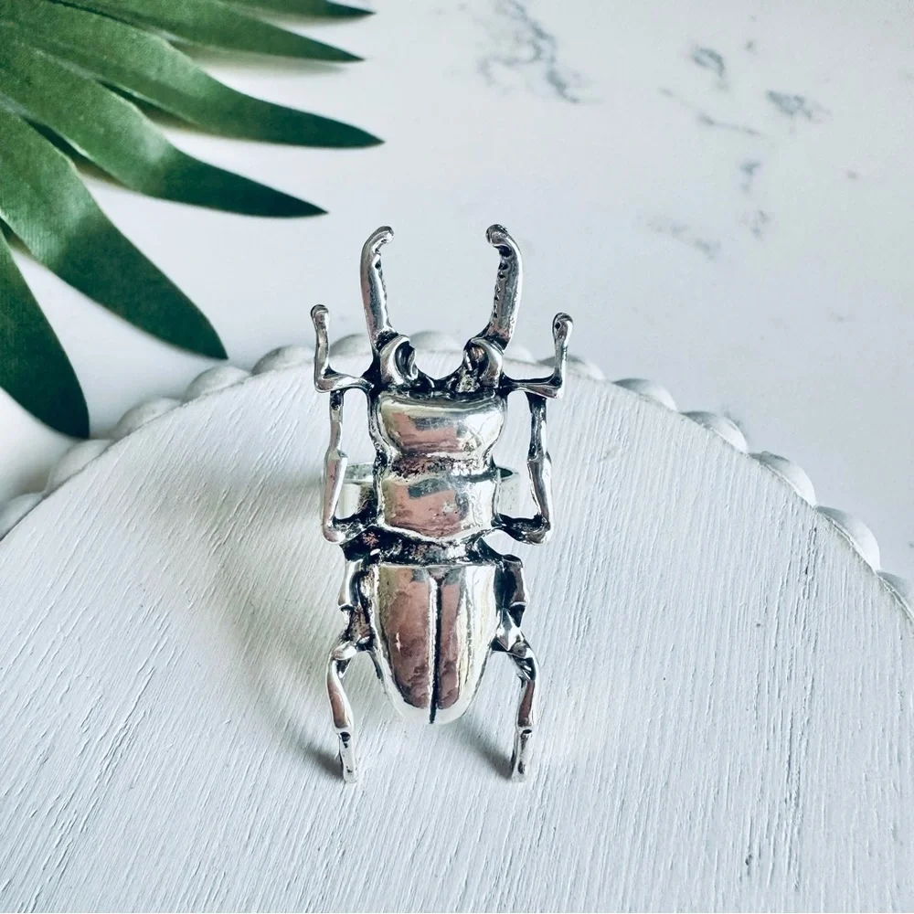 2/$30🌵 Stag Beetle Entomology Antiqued Silver Ring Bug Jewelry NEW Adjustable